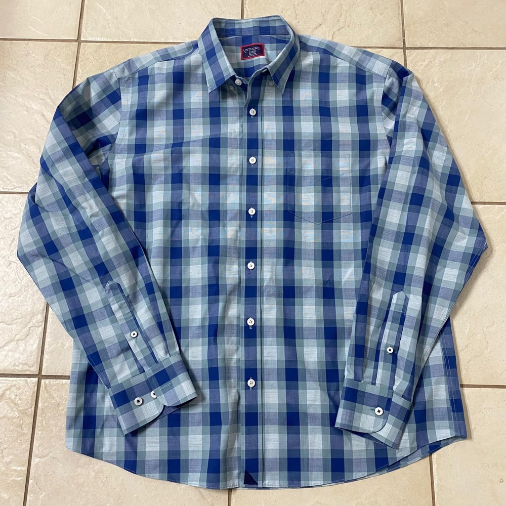 UNTUCKit Mens X Large Wrinkle Free‎ Plaid Button Down Shirt Blue Cotton